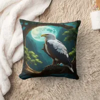 Eagle Perched on Branch Under Full Moon Night Throw Pillow