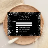 Budget black silver glitter sparkle wedding RSVP Note Card