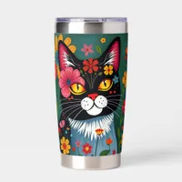 Black and White Folk Art Cat and Flowers Whimsical Insulated Tumbler