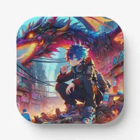 Anime Boy and Dragon in a Dystopian World Paper Plates