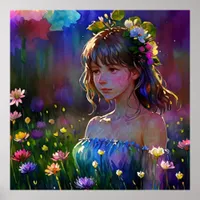 *~  Fantasy Wild Flowers Girl AP56 Watercolor Art Poster