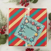 Festive Christmas Ornaments Wreath on Teal Favor Tags