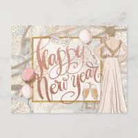 Happy New Year Champagne, balloons, elegant Lady Postcard