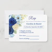 Navy Royal Bue Wedding Watercolor Ivory Flowers RSVP Card