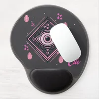 Hamsa Hand with Evil Eye and Hearts Pink on grey Gel Mouse Pad