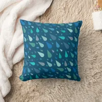 Rainy day pattern with blue raindrops throw pillow