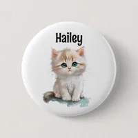 Adorable Watercolor Kitten with Blue Eyes Button