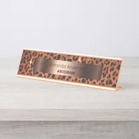 Leopard pattern brown black metallic boss babe fun desk name plate