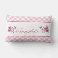 Pink Check and Rose Lumbar Throw Pillow