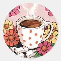 Cute Polka Dot Coffee Cup and Flowers Classic Round Sticker