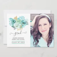 Mint and Gold Watercolor Floral Graduation Photo Announcement