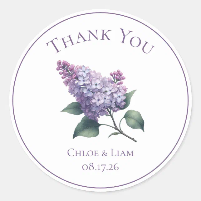 Elegant Lilac Flower Wedding Thank You Classic Round Sticker