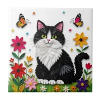 Cute Black and White Cat, Flowers and Butterflies Ceramic Tile