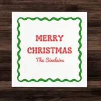 Modern Wavy Border Red & Green Christmas Party Napkins
