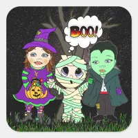 Boo! Vampire, Witch and Mummy Halloween Square Sticker