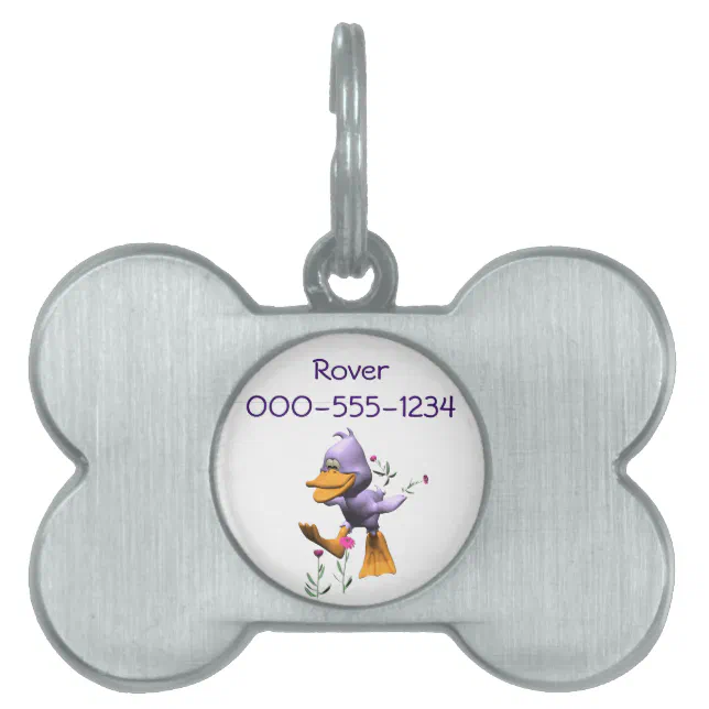 Cute Happy Cartoon Duck Running Through Flowers Pet Name Tag