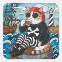 Kitty Pirate in fuzzy black sweater with a coffee Square Sticker