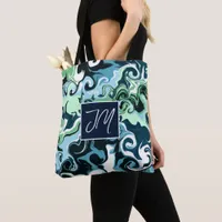 Blue and Sage Green Marble Art Monogrammed  Tote Bag