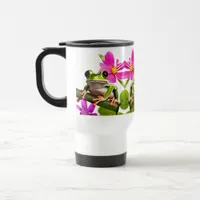 Adorable Green Frog Surrounded by Pink Flowers Travel Mug