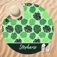 Lime Green Tropical Monstera Custom Name Beach Towel