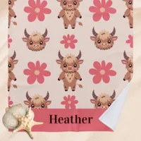 Cute Highland Cows and Flowers Pink and Brown  Beach Towel