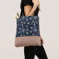 Simple Dark Blue with Snowflakes Color Block Tote Bag