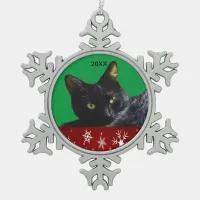 Black Cat Red White Snowflakes 20XX Christmas Snowflake Pewter Christmas Ornament