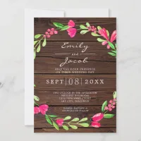 Pink Floral Dark Brown Rustic Wood Country Wedding Announcement