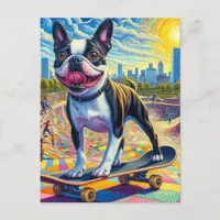 Skateboarding Boston Terrier Colorful Fun Surreal Postcard