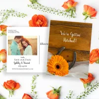 Orange Daisy Horseshoe Western Save the Date Announcement Postcard