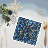 Navy Blue Floral Pattern Happy Hanukkah Napkins