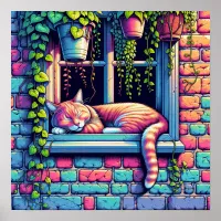 Sleepy Cat in Window Sill Ai Art Poster