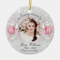 Silver glitter pink florals photo memorial ceramic ornament