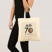 Hello 70 Black & White Dots Photo & Name Birthday Tote Bag