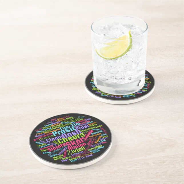 Colorful Word Art Cheers in Many Languages Coaster