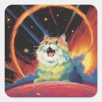 A Fluffy White Cat in Space Square Sticker