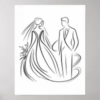 "Bride and Groom Wedding Line Art Black and White Poster