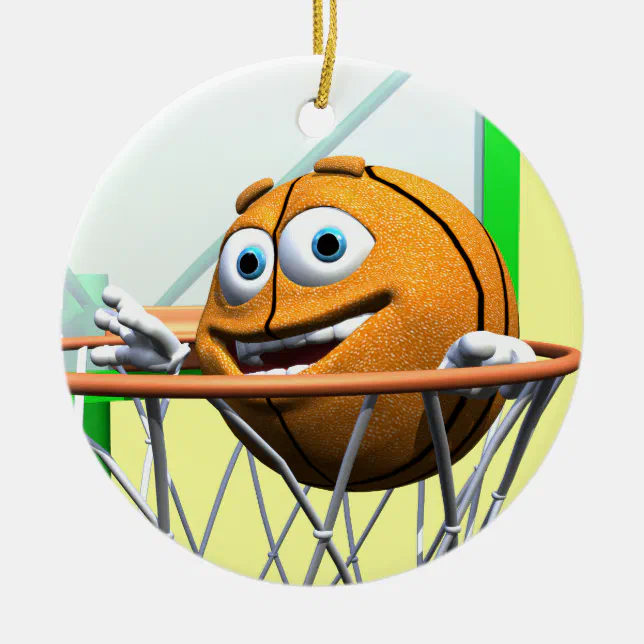 Funny Cartoon Basketball in a Hoop Ceramic Ornament