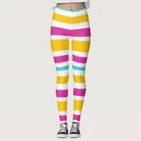 Teal, PInk, Orange and White Striped Leggings