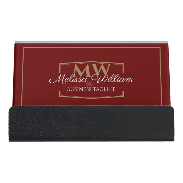 Red Gold Monogram Desk Business Card Holder