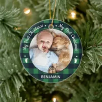 Baby Photo Green Buffalo Plaid First Christmas     Ceramic Ornament