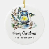 Watercolor Christmas Lantern Family Photo Ceramic Ornament