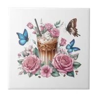 Iced Coffee & Butterfly Floral Ceramic Tile