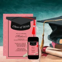 Black Cap Diploma Modern Pink Graduation Party Invitation