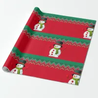 Snowman Red & Green Chevron Pattern Ribbon Wrapping Paper