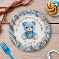 Blue and Brown Crocheted Teddy Bear It's a Boy Paper Plates