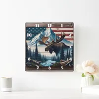 Majestic Moose in Front of Mountains and Flag Square Wall Clock