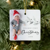 Modern 1st Christmas Baby Photo Foliage Ceramic Ornament