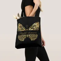 Butterfly black gold elegant name script tote bag