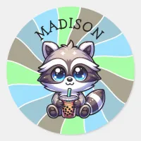 Cute Kawaii Raccoon with Bubble Tea Personalized Classic Round Sticker